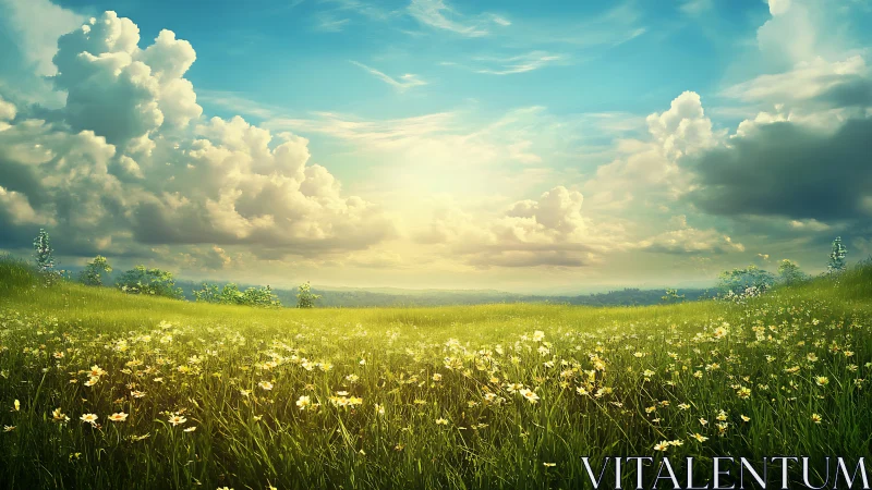 Wide grass field with wildflowers under cloudy blue sky.