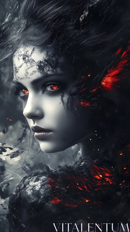 Monochrome female portrait with fiery embers and smoke.