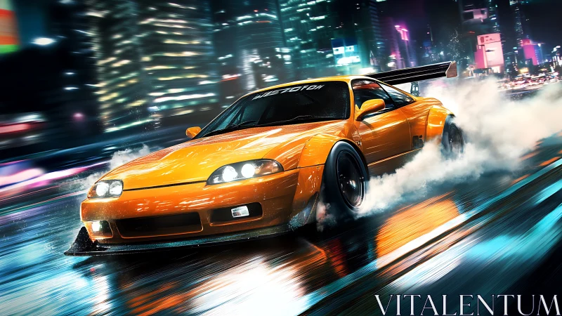 Orange drift car on wet neon city street at night.