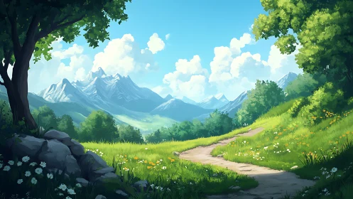 Sunlit alpine meadow path curves toward distant snowy peaks