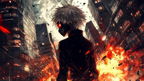 Masked antihero surveys burning cyber city skyline