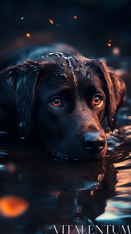 Gentle chocolate lab in glowing twilight water, quietly dreaming.