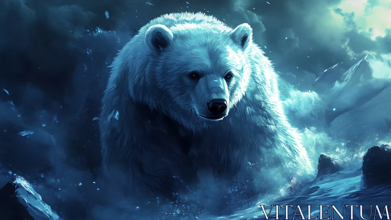 Glacial titan polar bear emerging through icy storm clouds.