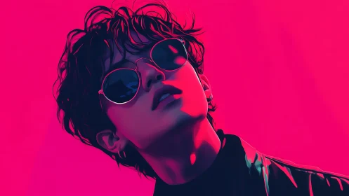 Neon-drenched cool kid gazes up through midnight shades.
