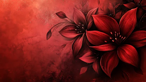 Deep Crimson Botanical Illustration with Ethereal Petals and Atmospheric Gradient