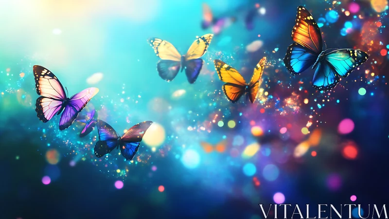 Multiple butterflies move across a saturated bokeh field