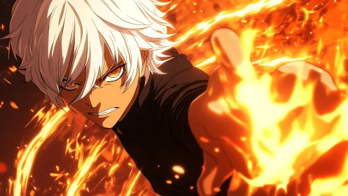 White haired anime fighter controlling intense flames.