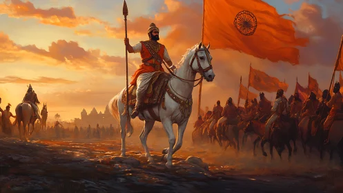 Sunset warrior king leads saffron-bannered cavalry charge.