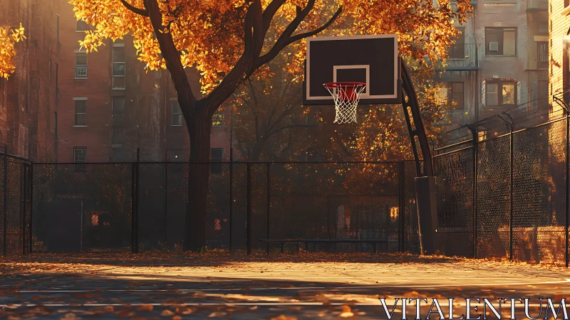 Autumn city court glows beneath falling leaves and quiet hoops.
