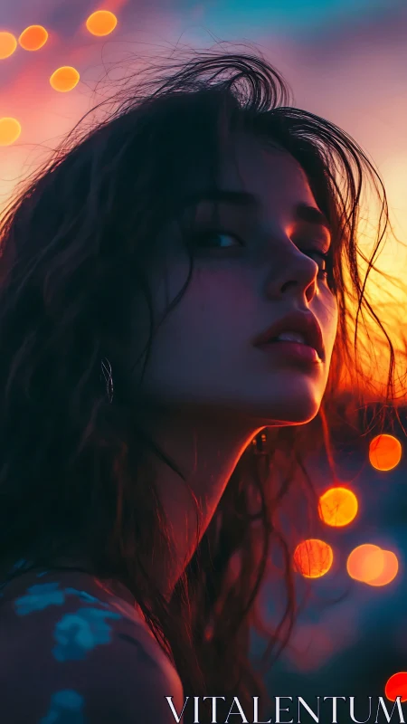 Sunset portrait glows with neon bokeh and moody allure.