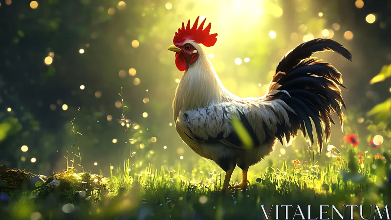 White Rooster with Crimson Crest in Luminescent Garden Environment.
