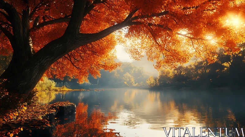 Autumn maple canopy over tranquil sunlit riverbend.