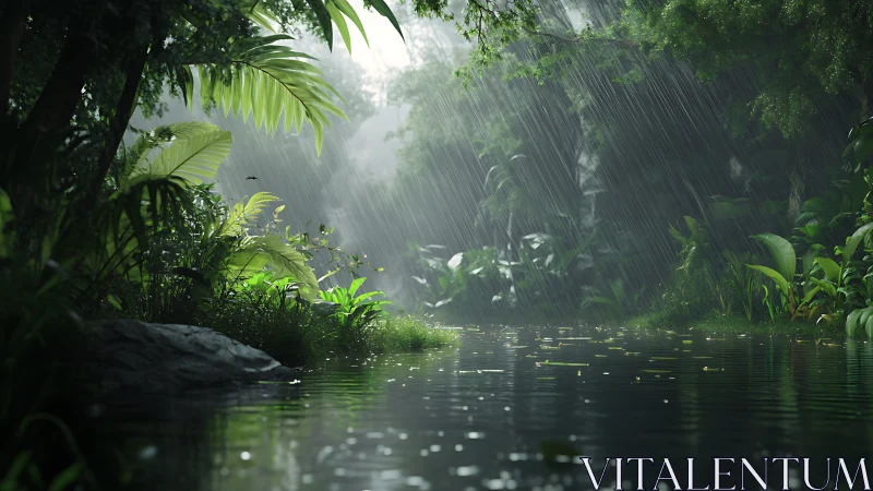 Rain-whispered jungle river hushes the glowing green silence