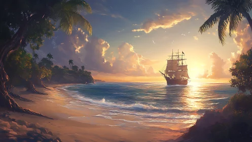 Sailship at Tropical Shoreline Sunset.