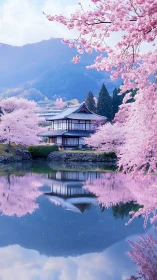 Serene Japanese lakeside temple reflects under pink sakura bloom