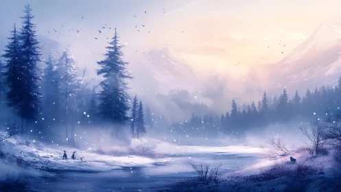 Snowy pine forest embraces hikers under pastel dawn sky.