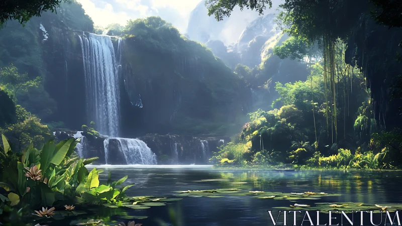 Cascading rainforest waterfall rendered in luminous digital realism