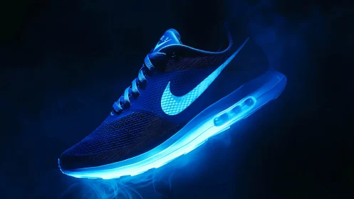 Neon sprint sneaker glowing like a midnight comet in vapor.