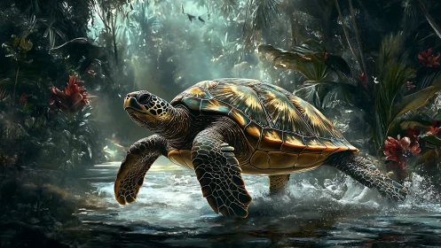 Tropical sea turtle crossing misty rainforest stream.