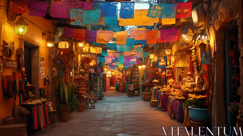 Warmly lit market alley displays colorful textiles and crafts