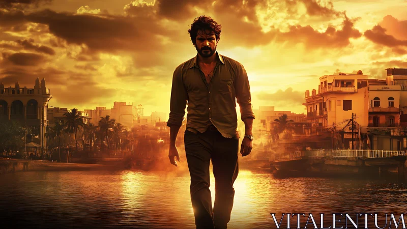 Man walking by river in dramatic golden sunset cityscape.