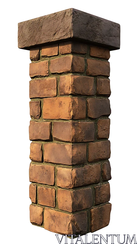 Weathered modular brick pillar with stone cap, isolated view
