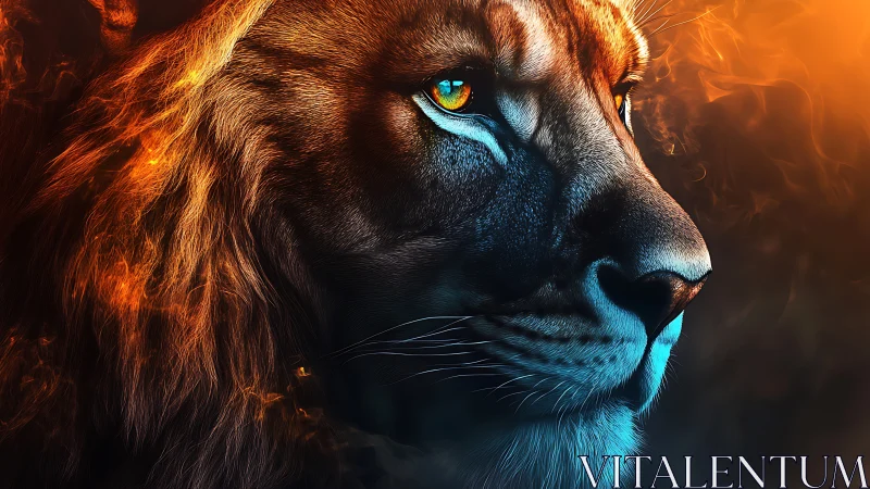 Lion of fire and frost gazing into a glowing horizon.