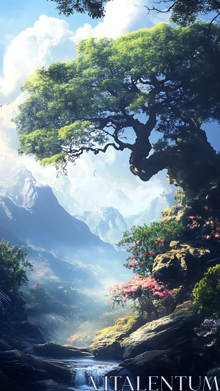 Elder skyroot leans over a mistlit valley of quiet waterfalls