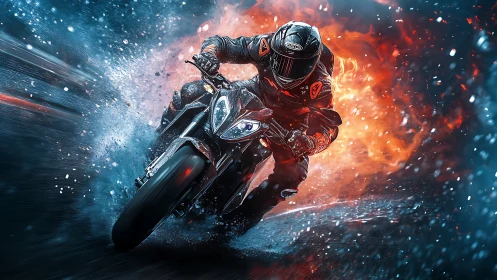 Blazing motorcycle rider carves through fire and swirling ice