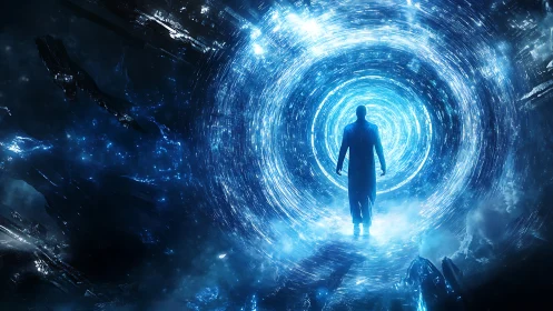 Lone traveler steps into a glowing blue cosmic portal.
