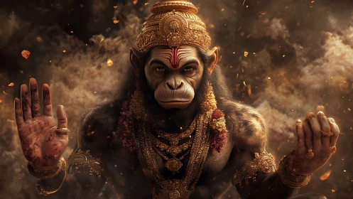 Divine monkey warrior sits in smoky halo of golden embers.