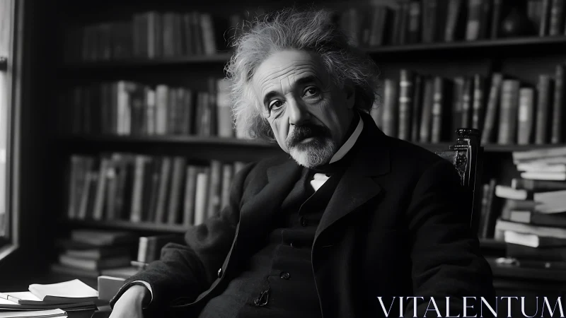 Photorealistic monochrome scholar portrait in library interior.