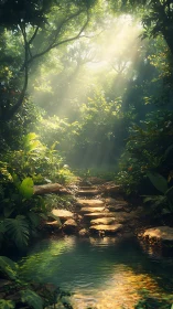 Sunlit stone path above reflective jungle stream in misty grove
