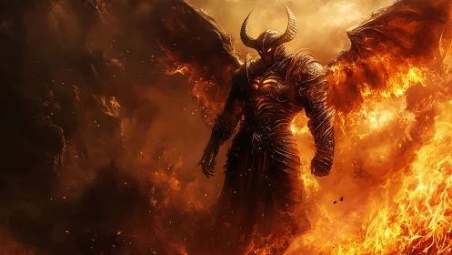 Infernal horned warlord rises amid swirling volcanic fire.
