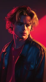 Young man in leather jacket lit by contrasting neon colors