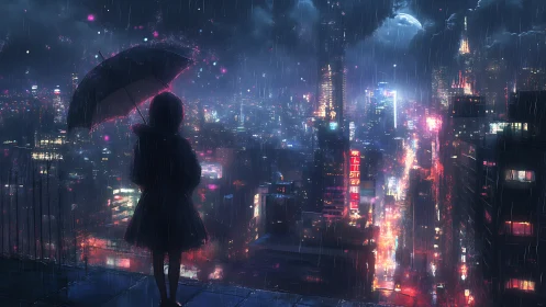 Backlit silhouette observes neon rain-soaked cyberpunk megacity skyline