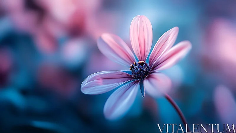 Pink daisy macro in cool blue and purple soft focus background.