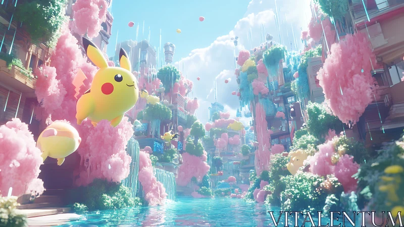 Pikachu drifting through pastel cotton candy cityscape.