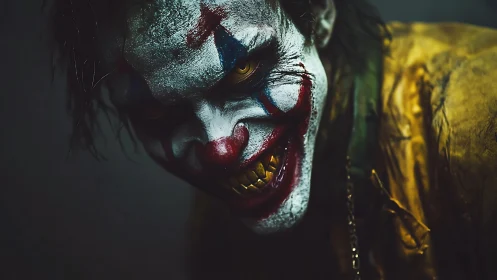 Menacing clown close-up with smeared makeup and grin.