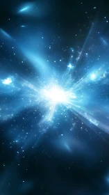 Stellar energy burst with radial blue light rays in space