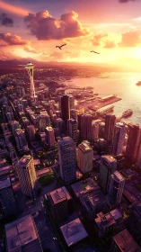 Seattle downtown skyline with waterfront at sunset time period.