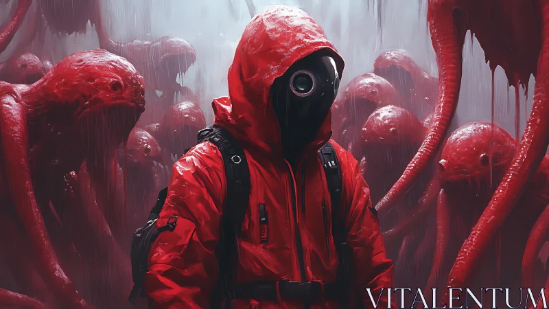 Masked wanderer confronts red alien horrors in toxic fog