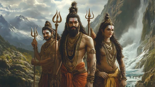 Sacred warrior trio stands before towering mountain waterfalls