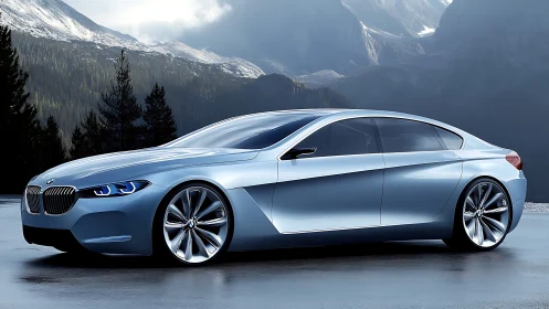 Sleek silver coupe resting quietly beneath mountain peaks.