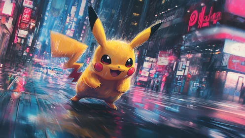 Cyberpunk Pikachu in neon-drenched rainy megacity streets.