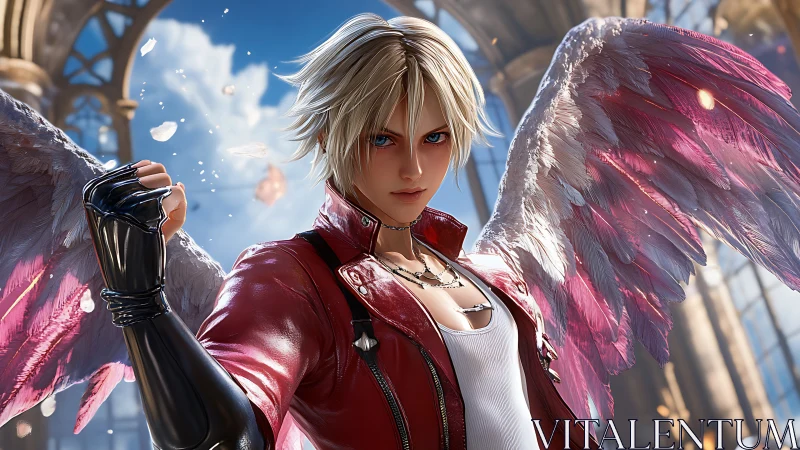 Winged warrior stands defiant in luminous cathedral light