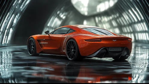 Aerodynamic orange supercar in futuristic tunnel environment.