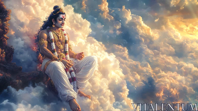 Divine figure seated in radiant golden sunset clouds.