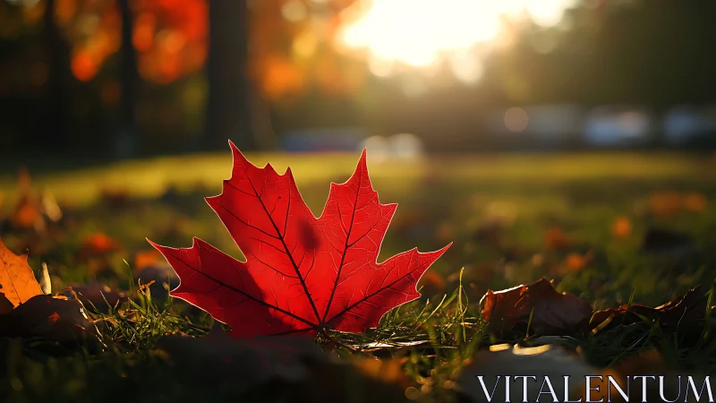 Crimson maple leaf glows in soft golden autumn sunset light