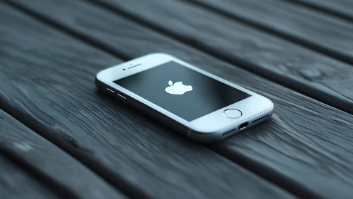White iPhone on wooden deck surface.